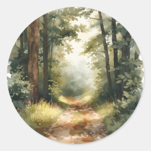 Sticker Rond Peinture de chemin forestier ensoleillé à l'aquare