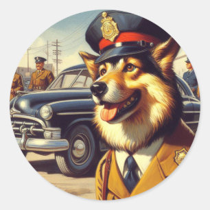 Sticker Rond Peinture de chien de police rétro