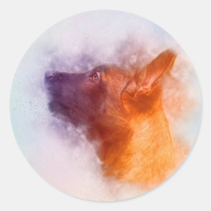 Sticker Rond Peinture de chiot malinois - Mechelaar