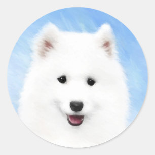 Sticker Rond Peinture de chiot Samoyé - Beau art original de c