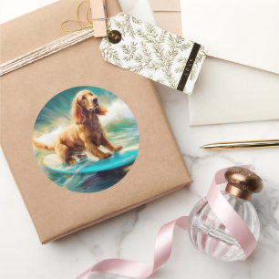 Sticker Rond Peinture de Cocker Spaniel faisant du surf sur la