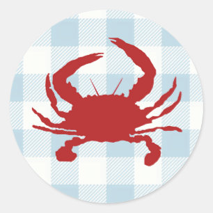 Sticker Rond Peinture de crabe rouge Bleu nautique En vichy chè