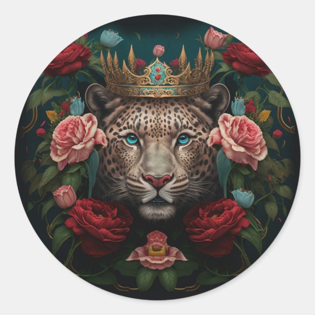 Sticker Rond Peinture de Jaguar avec Couronne de Fleurs         (Devant)