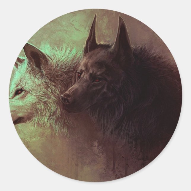 Sticker Rond Peinture de loup noir et de loup blanc. (Devant)