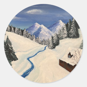 Sticker Rond Peinture de montagne Wilderness Cabine