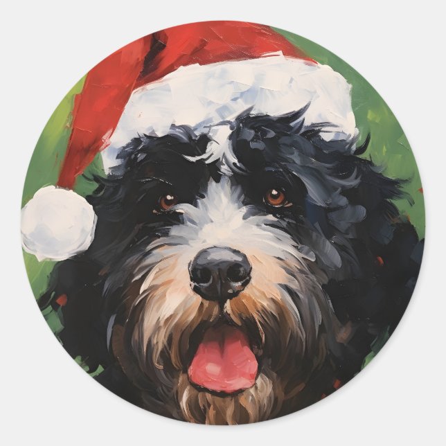 Sticker Rond Peinture de Noël pour chien d'eau portugais (Devant)