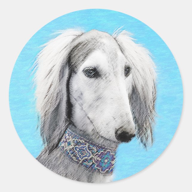 Sticker Rond Peinture de Saluki (Argent) - Joli art original de (Devant)