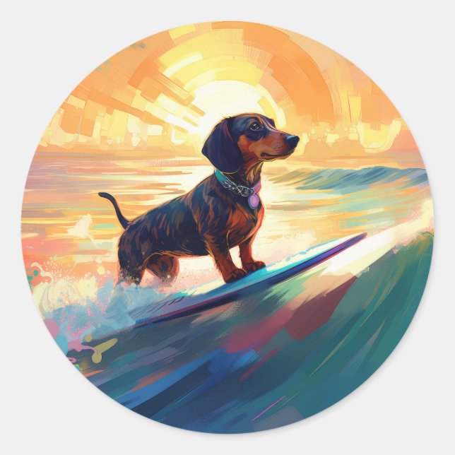 Sticker Rond Peinture de surf à la plage de teckel (Devant)