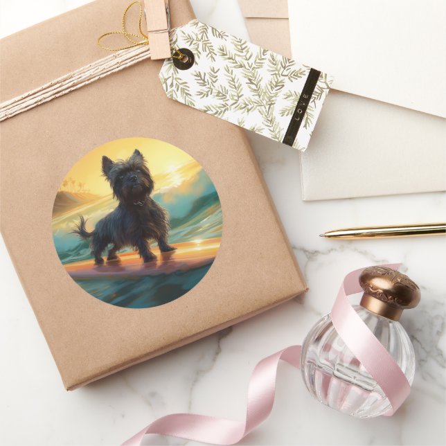 Sticker Rond Peinture de surf de plage Affenpinscher (Cadeaux)