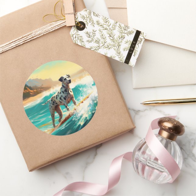 Sticker Rond Peinture de surf de plage dalmate  (Cadeaux)