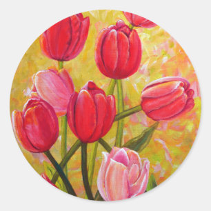 Sticker Rond Peinture de tulipes roses et rouges