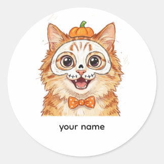 Sticker Rond Peinture de visage de squelette mignon Chat roux H