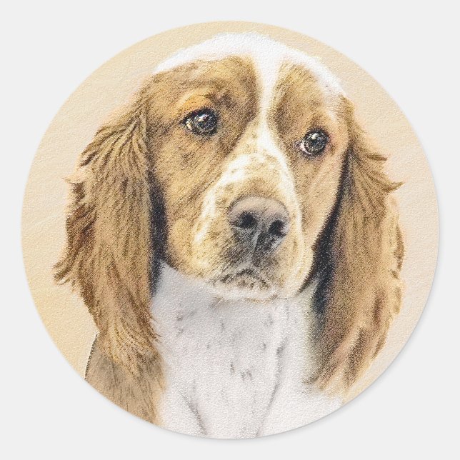 Sticker Rond Peinture d'espagnol Welsh Springer - Art original  (Devant)