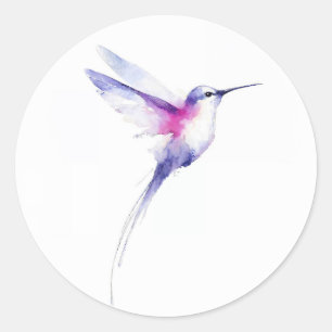 Sticker Rond Peinture d'oiseau Colibri Aquarelle Violet Rose