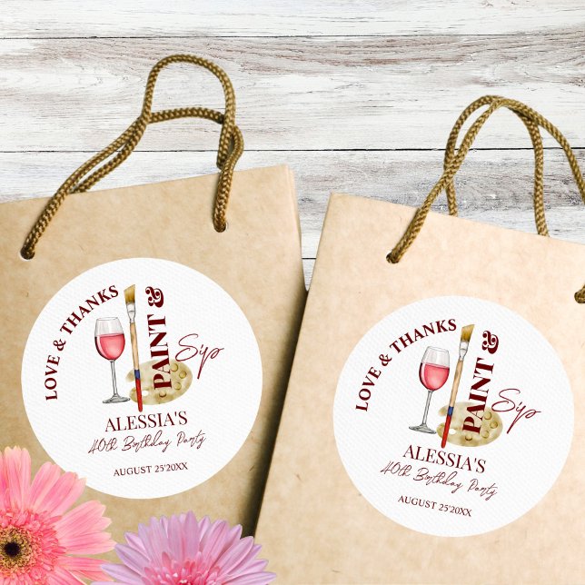 Sticker Rond Peinture et sip vin et soirée art (Paint and sip wine and art themed birthday party favors thank you favor stickers)