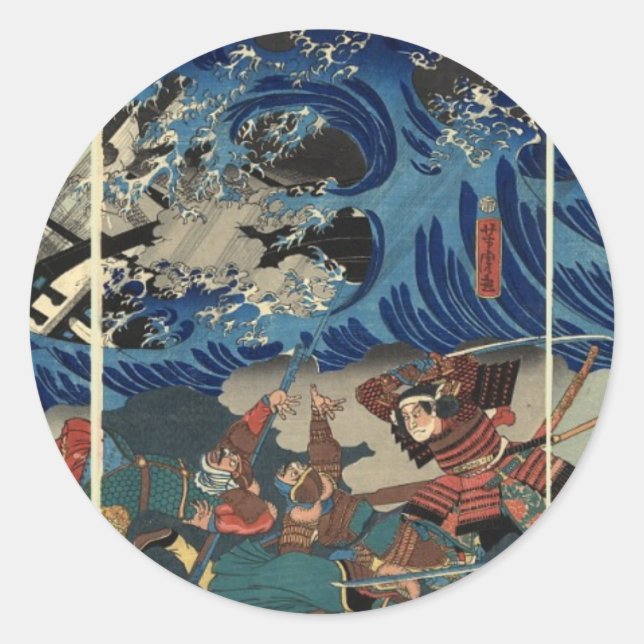 Sticker Rond Peinture japonaise ancienne de Samurai et Mongols (Devant)