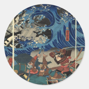 Sticker Rond Peinture japonaise ancienne de Samurai et Mongols