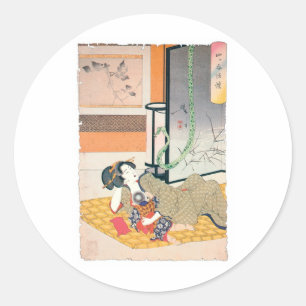 Sticker Rond Peinture, mère et bébé japonais antiques