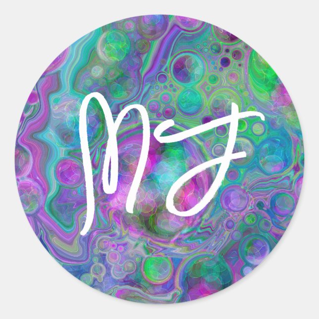Sticker Rond Peinture Monogramme violet et pour bleu (Devant)