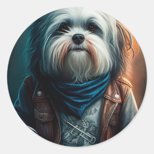 Sticker Rond Peinture numérique d'un chien havanais sur vélo