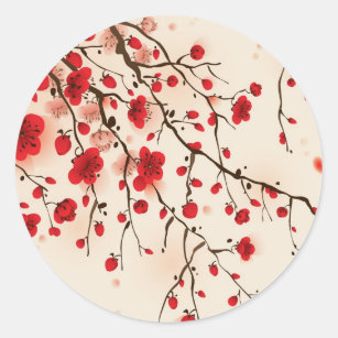 Sticker Rond Peinture orientale de style, fleur de prune au