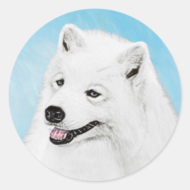 Sticker Rond Peinture Samoyed - Cute Original Chien Art (Devant)