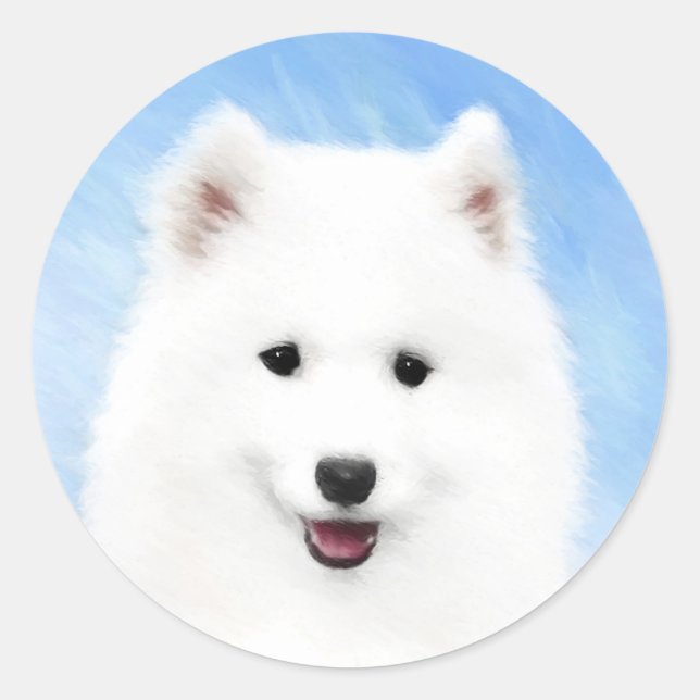 Sticker Rond Peinture Samoyed Puppy - Jolie Art Original Chien (Devant)