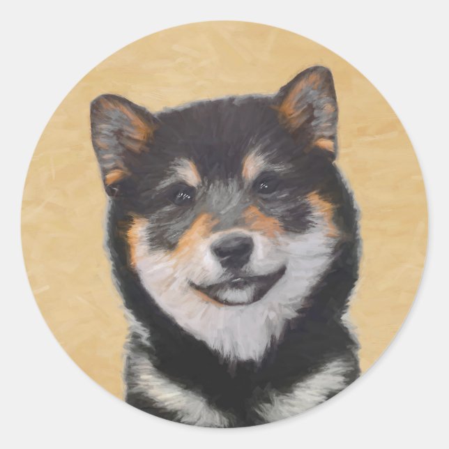 Sticker Rond Peinture Shiba Inu (Noir et Tan) - Art Chien (Devant)