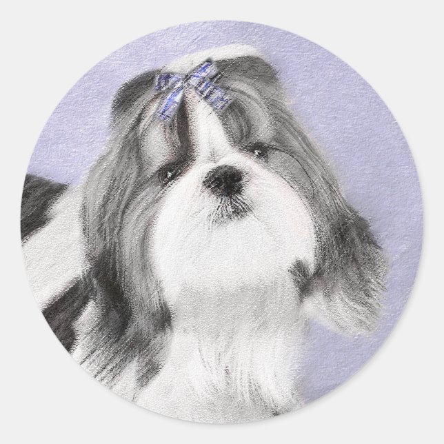 Sticker Rond Peinture Shih Tzu - Cute Original Chien Art (Devant)