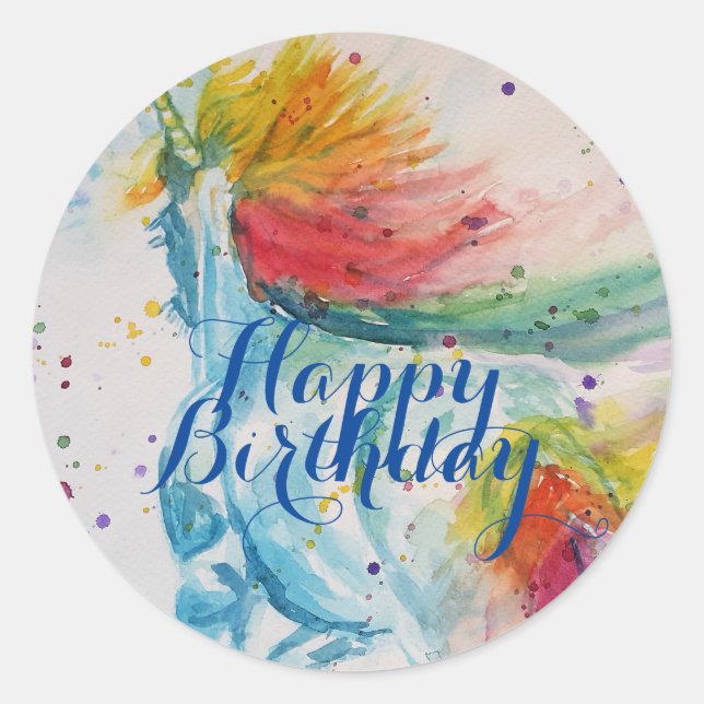 Sticker Rond Peinture Unicorne Joyeuse aquarelle d'anniversaire (Devant)