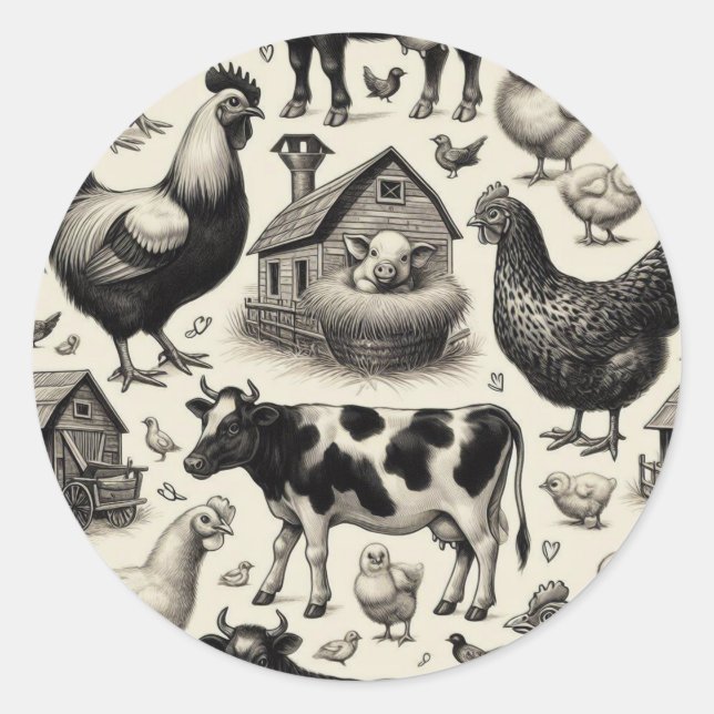 Sticker Rond Peinture vintage d'animaux de ferme (Devant)