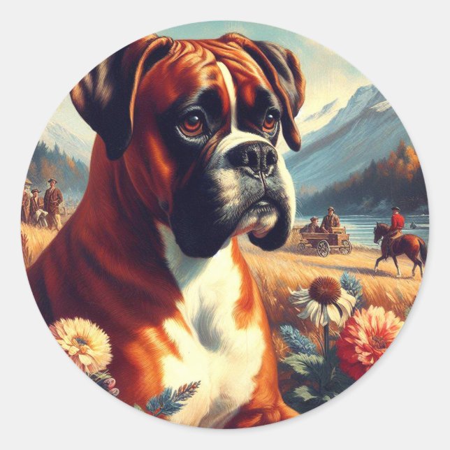 Sticker Rond Peinture vintage de chien de boîte (Devant)