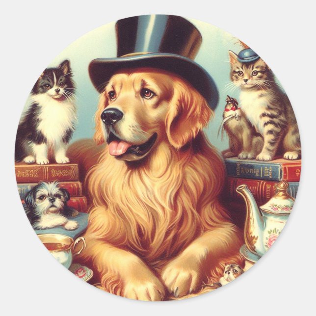 Sticker Rond Peinture Vintage de chien mignonne (Devant)