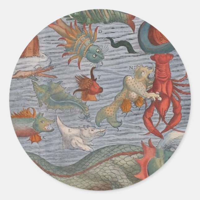 Sticker Rond Peinture vintage de la créature marine (Devant)