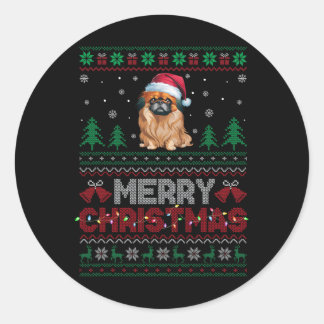 Sticker Rond Pekingese Amoureux de les chiens Santa Hat Arbre d