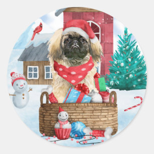 Sticker Rond Pékinois dans une maison de Noël enneigée