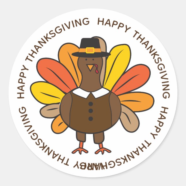 Sticker Rond Pèlerin de Turquie de Thanksgiving mignon (Devant)