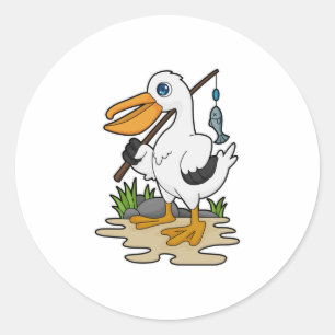 Sticker Rond Pélican comme pêcheur avec la baguette de pêche et