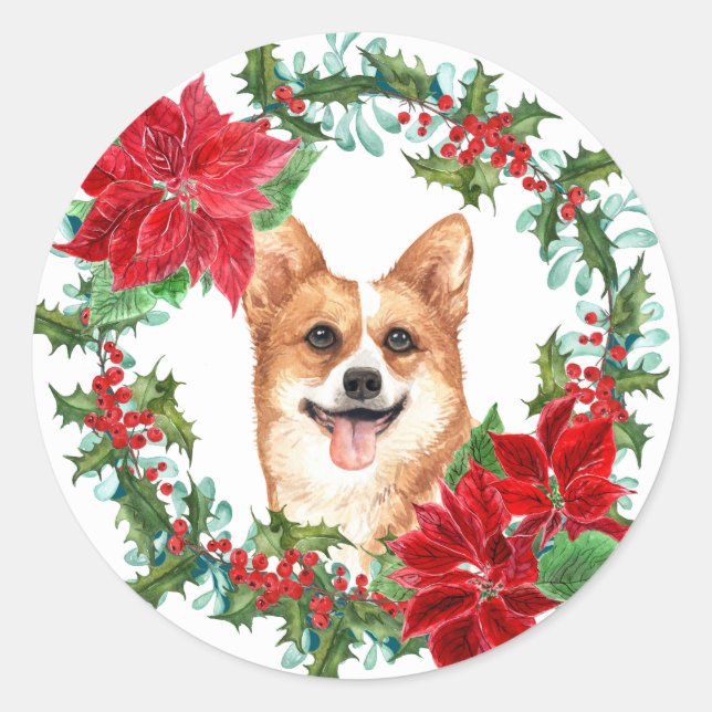 Sticker Rond Pembroke Corgi Poinsettia Holly Wreath (Devant)