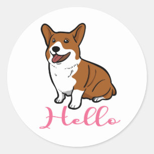 Sticker Rond Pembroke Welsh Corgi Bonjour Chiot Chien Dessin An