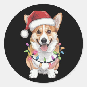 Sticker Rond Pembroke Welsh Corgi Père Noël Lumières des arbres