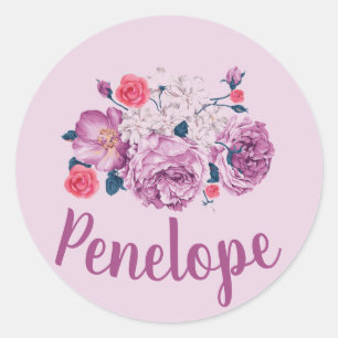 Sticker Rond Penelope Nom Floral Personnalisé Fleur Fille Vinta