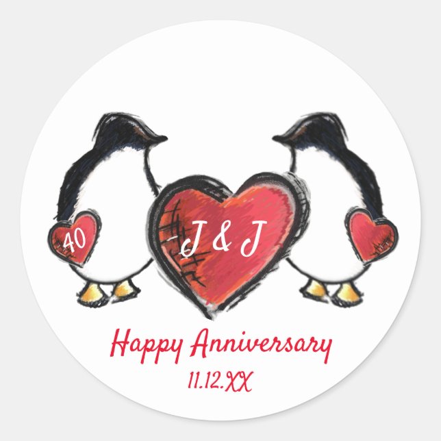 Sticker Rond Penguin 40e anniversaire de mariage de rubis (Devant)