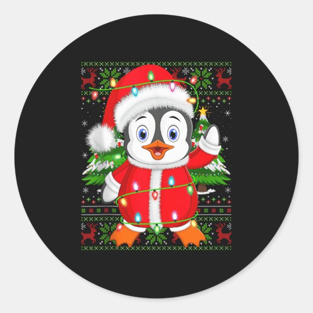 Sticker Rond Penguin Christmas Lights Santa Costume Ugly Xmas S (Devant)