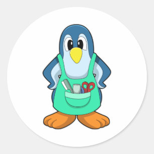 Sticker Rond Penguin coiffeur avec ciseaux et razor