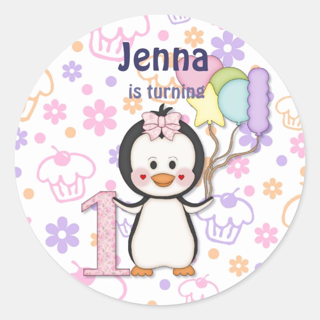 Sticker Rond Penguin Cutie - Première Fille Anniversaire (Devant)