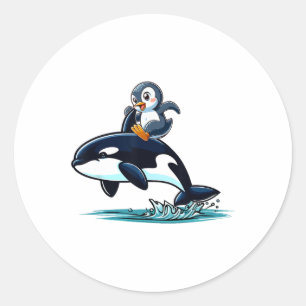 Sticker Rond Penguin équitation Orca Costume de mer Amoureux de