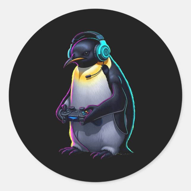 Sticker Rond Penguin Gaming Animal Video Games Funny Penguin  (Devant)