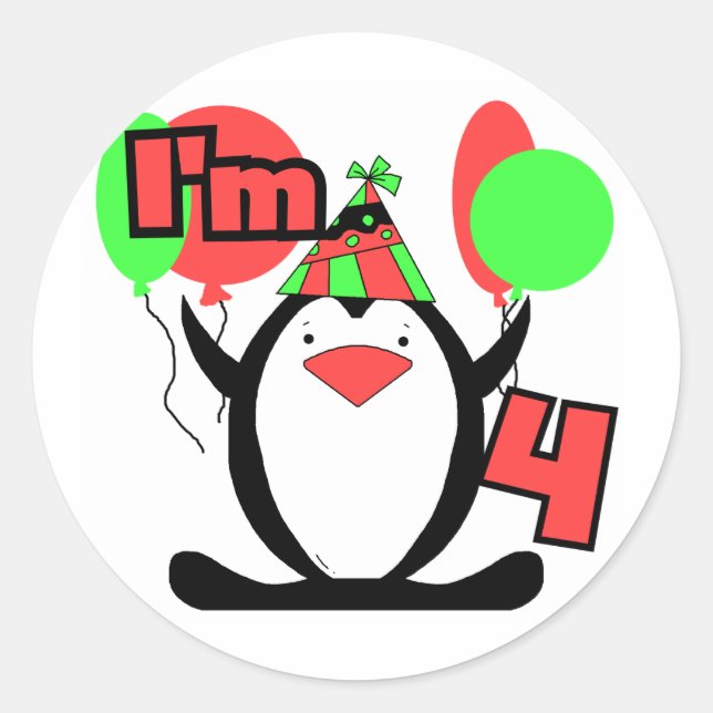 Sticker Rond Penguin I'm 4 Anniversaire T-shirts et cadeaux (Devant)