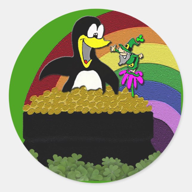 Sticker Rond Penguin, Leprechaun, Or et Arc-en-ciel (Devant)